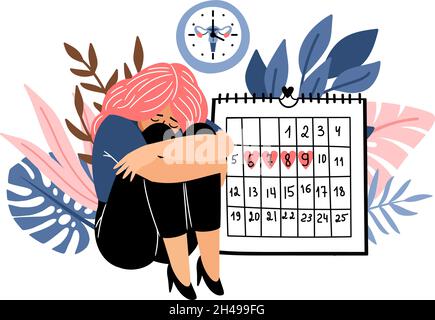 Jours de période féminine.Femme menuration calendrier vecteur de dessin animé, cramp féminin cycle fertile hygiène périodique plan menstruel, temps de conscience de la fertilité, menstruel planification périodique image isolée Illustration de Vecteur