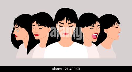 Émotions de femme caucasienne.Filles expressions profil image, dame en colère triste choqué heureux hurlant visages, femmes expreation sentiments portrait illustration vecteur isolé Illustration de Vecteur