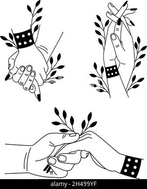 Ensemble de mise en contact des mains.Dessin animé romantique toucher des palmiers, illustration vectorielle symbole de tendresse et d'amour isolé sur fond blanc Illustration de Vecteur