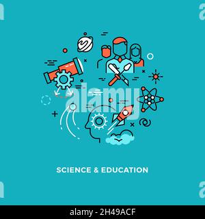 Recherche et éducation.Développement mental, travail de créativité.Icônes de lignes vectorielles pour l'industrie de la pharmacie ou de la chimie en médecine scolaire Illustration de Vecteur