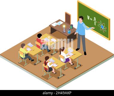Etudiant.Salle de classe isométrique, enseignement scolaire.Dessin animé enseignant près du tableau noir, enfants assis au bureau illustration vectorielle Illustration de Vecteur