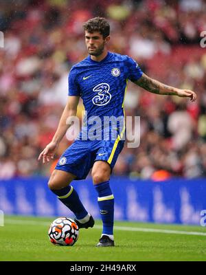 Photo du dossier datée du 01-08-2021 de Christian Pulisic de Chelsea pendant le match de la série Mind au stade Emirates, Londres.Christian Pulisic retournera à l'équipe de Chelsea pour le voyage de la Ligue des champions de mardi à Malmo suite à un problème de cheville.Date de publication : lundi 1er novembre 2021. Banque D'Images