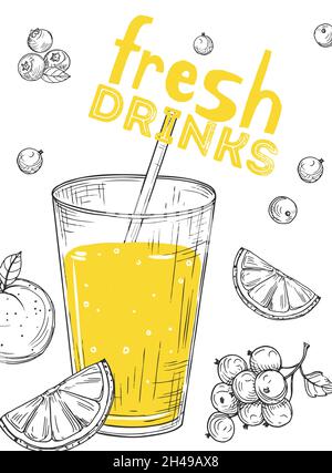 Jus de fruits frais.Esquisse verre, tranches de citron et baies.Barre végétalienne, carte vecteur de smoothie vitaminique Illustration de Vecteur