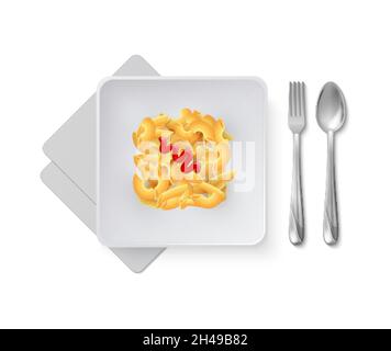 Pâtes réalistes sur plaque blanche.Plat de restaurant italien avec couverts métalliques.Elément vectoriel de menu de café isolé Illustration de Vecteur