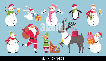 Personnages de noël à dessin animé.Joyeux Noël, joli pingouin, père noël et elfe.Adorable bonhomme de neige et cerf, enfants nouvel an éléments vecteur décents Illustration de Vecteur