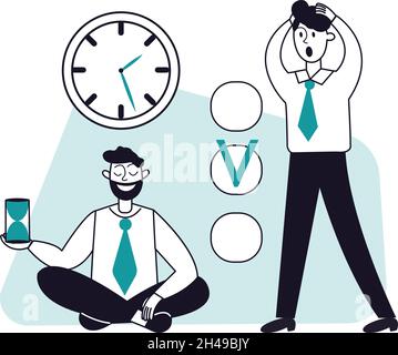 Concept de gestion du temps d'affaires.L'homme sauve calme, le travailleur nerveux au sujet de la date limite.Personnages vectoriels de managers de bureau masculins Illustration de Vecteur