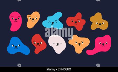 Visages comiques abstraits.Formes liquides avec réaction émotionnelle étrange.Monstres fous funky, éléments de bébé pour le design, autocollants, étiquettes ensemble de vecteur Illustration de Vecteur
