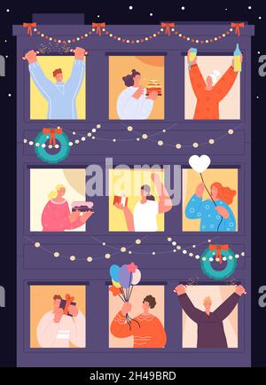Noël à la maison.Les gens fêtant les vacances d'hiver, les voisins regardent les fenêtres.Fêtes du nouvel an, Noël bonne maison affiche vectorielle Illustration de Vecteur