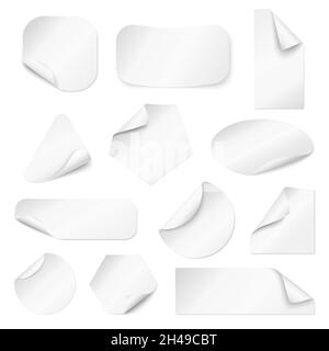 Autocollants de coins recourbés.Papier bord incurvé, étiquettes blanches pour le magasin.Boucles étiquettes maquette, carré rond, rectangle feuilles collantes vierges jeu de vecteurs récent Illustration de Vecteur
