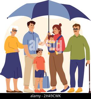 Grande famille sous un parapluie géant.Concept de sécurité.Grands-parents, parents et enfants.Homme avec femme, petit bébé.Vecteur d'assurance vie et maladie Illustration de Vecteur