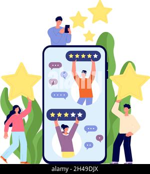 Commentaires des clients.Prise en charge du service, rétroactions application client.Discussion réussie, examen ou taux de satisfaction personnes de marchandises concept de vecteur total Illustration de Vecteur