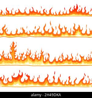 Motif feu sans couture.Un dessin animé, des flammes vives bordent les lignes.Éléments d'enfer, feu de camp isolé ou feu de bois.Fond vectoriel récent avec effet de lumière plate Illustration de Vecteur