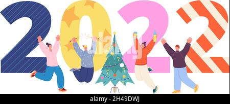 Nouvel an 2022.Les gens célèbrent, heureux amis et numéros géants.Noël personnages de vacances, bureau de la fête de corporation de la bannière de vecteur Illustration de Vecteur