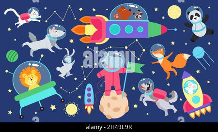 Ensemble animaux de l'espace.Les planètes enfants, les astronautes d'animaux de dessins animés plats.Personnages mignons dans le vaisseau spatial, volant dans une fusée dans l'univers.Les enfants cosmos décents Illustration de Vecteur