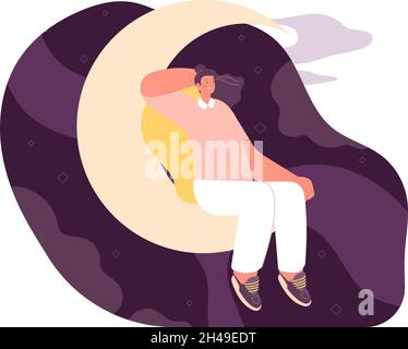 Femme rêve sur la lune.Le temps de rêve, la nuit dans la méditation de l'univers.Concept de sommeil, repos de fille.Clair de lune et amour, romantique horoscope vecteur de la coupe Illustration de Vecteur