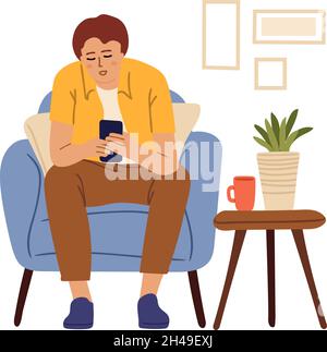 Homme utilisant un smartphone.Travail à distance, chat sur les réseaux sociaux.Garçon assis dans la chaise à la maison et regarde dans le téléphone, gadget concept de vecteur de dépendance Illustration de Vecteur