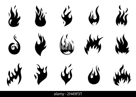 Icônes de feu noires.Formes de flammes.La chaleur enflamme les silhouettes.Feu chaud isolé, logo de feu de camp.Avertissement chaleur et inflammable, feu de camp récent ensemble de vecteurs Illustration de Vecteur