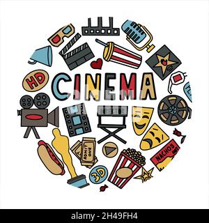 Cinéma, séries TV, séries et films Funny Doodle Vector Set.Illustration colorée dessinée à la main.Configuré pour les podcasts, les prix et la radio.Arrière-plan Illustration de Vecteur