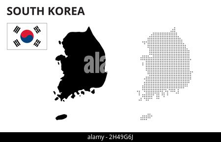 Carte de la silhouette du vecteur de corée du Sud.Carte de la corée du Sud en pointillés.Drapeau de la corée du Sud Illustration de Vecteur