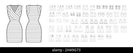 Ensemble de robes de soirée mariage, trapèze, évasé, sirène illustration technique de la mode avec mini genou jupe longueur plancher.Vêtements plats à l'avant, à l'arrière, de couleur blanche.Femmes hommes unisexe CAD maquette Illustration de Vecteur