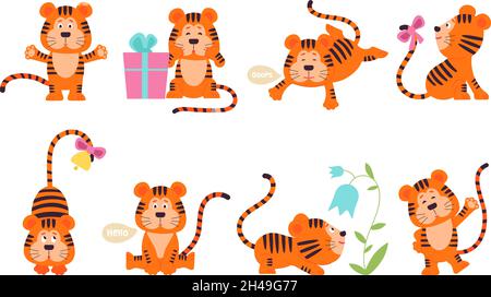 Personnages de tigre mignons.Bébé tigres du nouvel an, symbole chinois.Chat de jungle isolé.Dessins animés animaux sauvages, autocollants childish décent vecteur ensemble Illustration de Vecteur