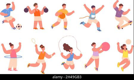 Activités sportives pour les enfants.Jeux de sport pour enfants, entraînement de cerceaux.Enfants activités différentes, jouer au football.Petit champion, dessin animé sautant Illustration de Vecteur