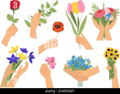 Mains tenant des fleurs.Bouquet de fleurs dans la main des femmes, kit de printemps de fleur de dessin animé.Bouquet botanique décoratif, fleuriste magasin décent collection de vecteur Illustration de Vecteur