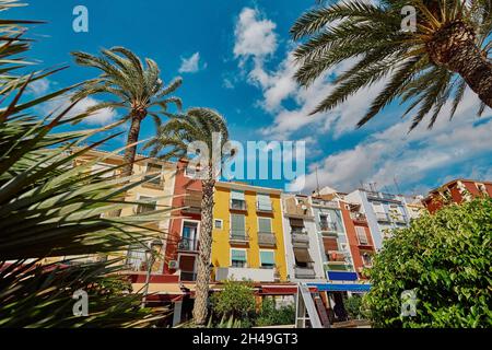 Maisons et bâtiments colorés de Villajoyosa avec palmiers sur fond bleu ciel par temps ensoleillé Banque D'Images