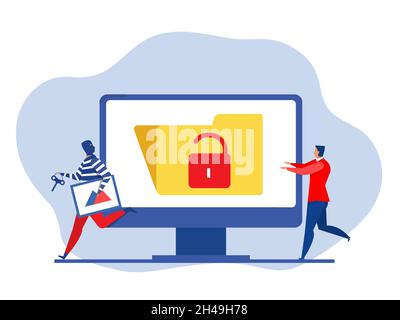 Pirate voler l'art créatif de l'ordinateur portable, la violation du droit d'auteur, la conception de site Web de piratage illustration vectorielle plate. Illustration de Vecteur