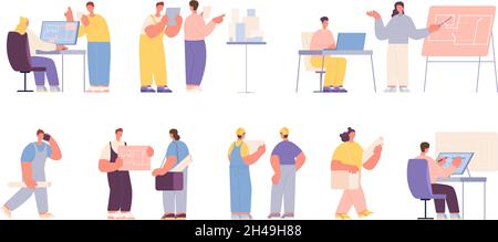 Les personnages du constructeur d'architectes.Équipe d'ingénierie industrielle, experts en construction.Femmes entrepreneurs mâles plates, collection de vecteurs de coupeuse de conception Illustration de Vecteur