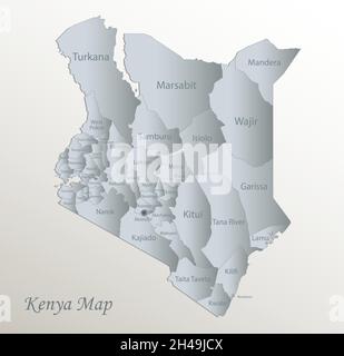 Carte du Kenya, division administrative avec noms, carte bleue blanche papier 3D vecteur Illustration de Vecteur