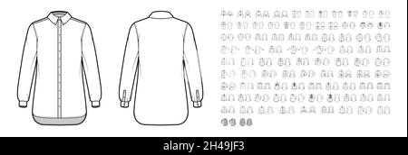 Lot de chemises à manches longues courtes avec poignets et fermeture à boutons.Modèle d'extérieur de dessus de vêtements plats avant, arrière, couleur blanche.Femmes, hommes, maquette de CAD unisex Illustration de Vecteur