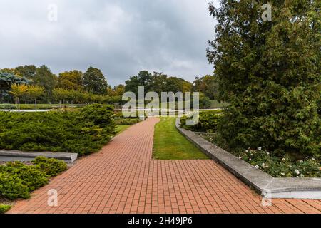 Petit lac et rosarium dans le parc de Cytadela à l'automne Banque D'Images