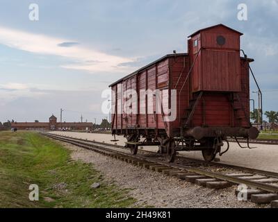 Auschwitz-Birkenau, Pologne.26 août 2019.Wagon dans le camp de Birkenau. Banque D'Images