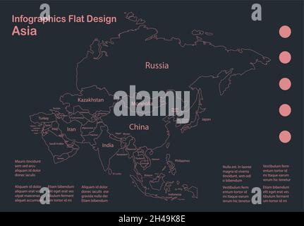Infographics carte de l'Asie contour, conception plate, couleur vecteur bleu Illustration de Vecteur