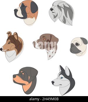 Races de chiens dessinées dans un style minimaliste.Ensemble de portrait de chien à une ligne.Illustration vectorielle. Illustration de Vecteur