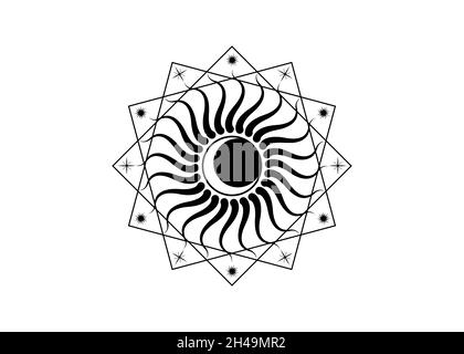 Modèle de logo Lune et Soleil, icône Wicca géométrie Sacrée, symbole rayons radiaux, style tatouage concept de Dieu et Déesse, symbologie maçonnique, isolat vectoriel Illustration de Vecteur