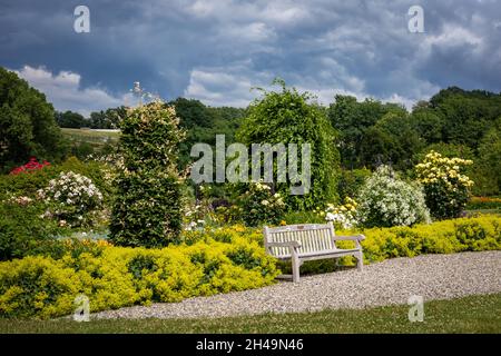 Banc en bois blanc d'époque dans le parc. Endroit parfait pour s'asseoir et se reposer. Nuages orageux dans le ciel. Banque D'Images