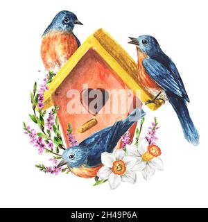 Birdhouse avec des oiseaux et des fleurs de printemps, concept de carte de printemps.Illustration aquarelle dessinée à la main, isolée sur fond blanc Banque D'Images