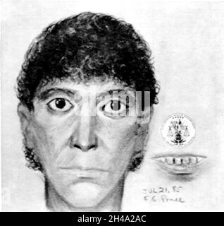 1985 , LOS ANGELES , Etats-Unis : le tueur en série sataniste RICHARD RAMIREZ ( 1960 - 2013 ), né Ricardo Leyva Munoz Ramírez , l'identité de l'artiste médico-légal par le département de police de Los Angeles , se concentrant sur ses "yeux renflés" et pourris, la bouche .Ramirez ' The Night Stalker ' a également été rapaliste en série , kidnappeur , molester d'enfants et cambrioleur , était un tueur américain de crache qui a tué au moins 13 personnes , du 17 mars au 31 août 1985 .Photographe inconnu .- TUEUR EN SÉRIE - portrait - ritratto - tueur en série - assassino sériale - CRONACA NERA - criminale - criminel - SÉRIE KILLE Banque D'Images