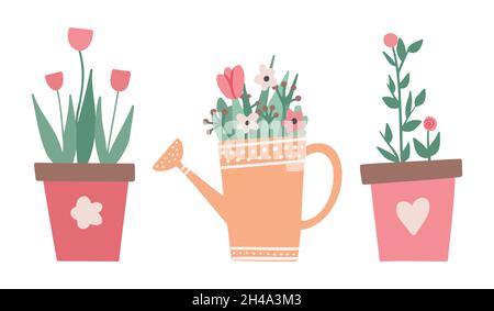 Jolies fleurs colorées en pots.Nature dessin animé vecteur illustration de fleurs et de feuilles belle collection.Plante de fleur, pot de fleurs botanique Illustration de Vecteur