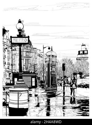 Rue de Paris au crépuscule après la pluie - illustration vectorielle Illustration de Vecteur