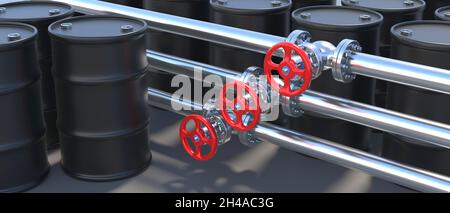 Industrie du pétrole et du gaz.Pipelines industriels avec vannes à roues rouges et barils de pétrole noir.Concept de stock de carburant et de production de pétrole.illustration 3d Banque D'Images