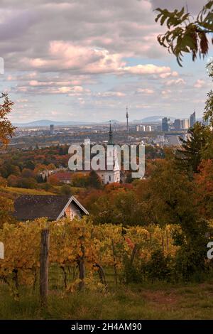 Vue à la fin de l'automne sur Vienne depuis les collines et vignobles voisins.Une petite cabane et une église peuvent être vues au premier plan. Banque D'Images