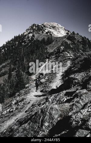 Prise de vue verticale en niveaux de gris d'une personne en randonnée dans les montagnes Banque D'Images