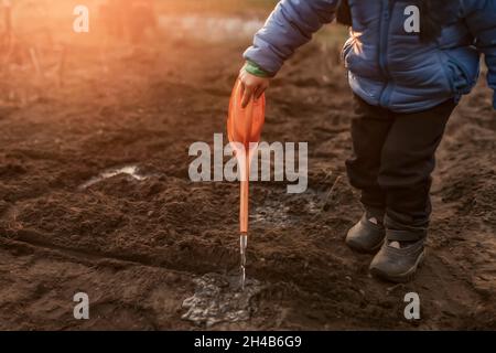 Un tout-petit garçon arrose des plantes fraîchement plantées avec de l'eau à l'orange Banque D'Images