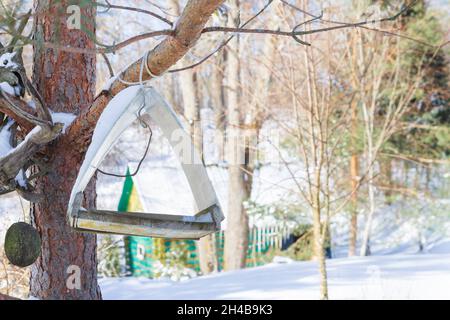 Un mangeoire à oiseaux est accroché à un arbre dans le village cour Banque D'Images