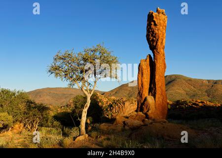 Omandumba guest Farm (ferme) : l'aiguille de granit dans les montagnes Erongo, près de Omaruru, Erongo, Namibie Région Banque D'Images