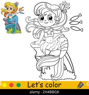 Mignon dessin animé mermaid nourrit les poissons.Page de coloriage et modèle coloré pour l'éducation des enfants d'âge préscolaire et scolaire.Illustration vectorielle.Pour le design, t shi Illustration de Vecteur