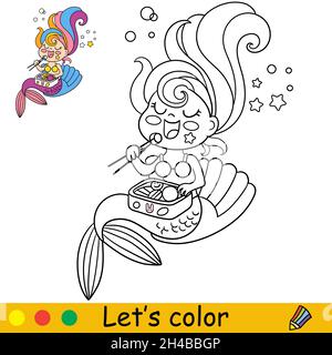 Mignonne sirène kawaii assise dans un bord de mer et mangeant des sushis.Page de coloriage et modèle coloré pour l'éducation des enfants.Illustration vectorielle.Pour la conception, t Illustration de Vecteur